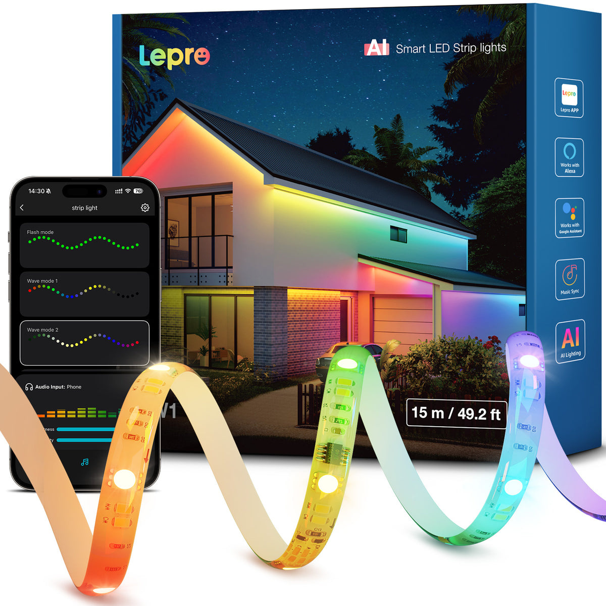 Lepro SW1 AI RGBICW outdoor LED strip lights showcasing waterproof, customizable lighting for eaves, balconies, and pools.