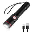 Lepro rechargeable LED flashlight with zoom, five modes, waterproof design, handheld tactical torch, and Type-C charging cable.