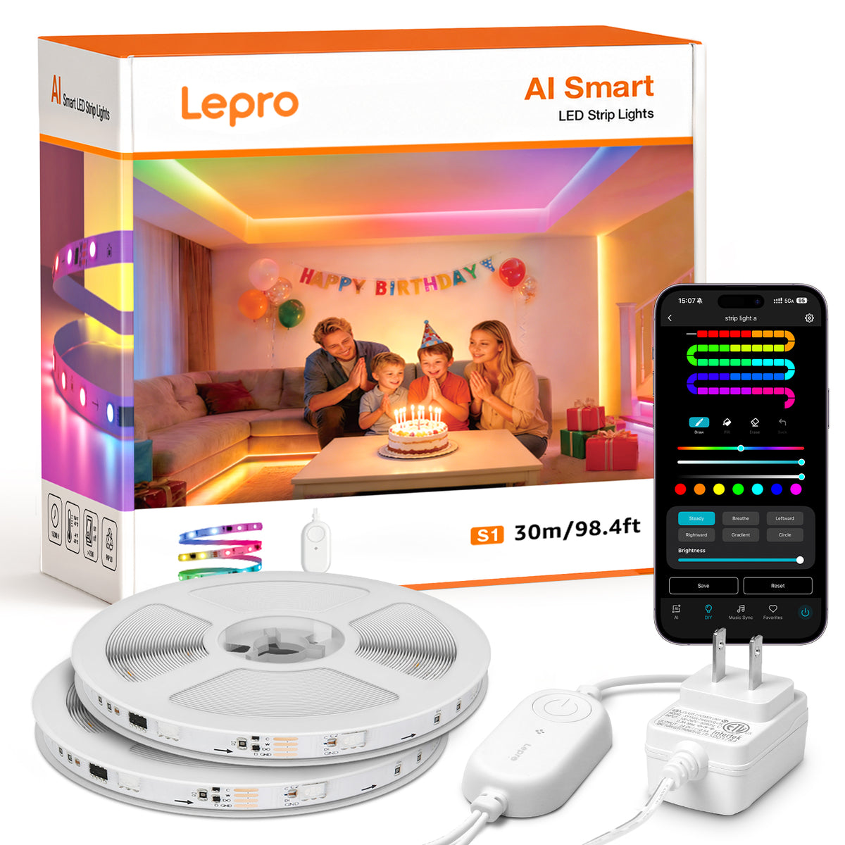 Lepro S1 AI LED light strip, 30m WiFi RGBIC smart lighting with music sync for bedrooms, compatible with Alexa and Google Assistant.