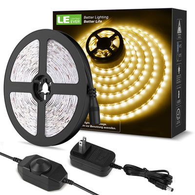 LE LED Strip Lights, 16.4ft 12V Dimmable and Flexible Strip Lights, 3000K Warm White, 300 Units 2835SMD Tape Light for Home, Kitchen, Bedroom, Car and More, Non Waterproof, Power Adapter Included