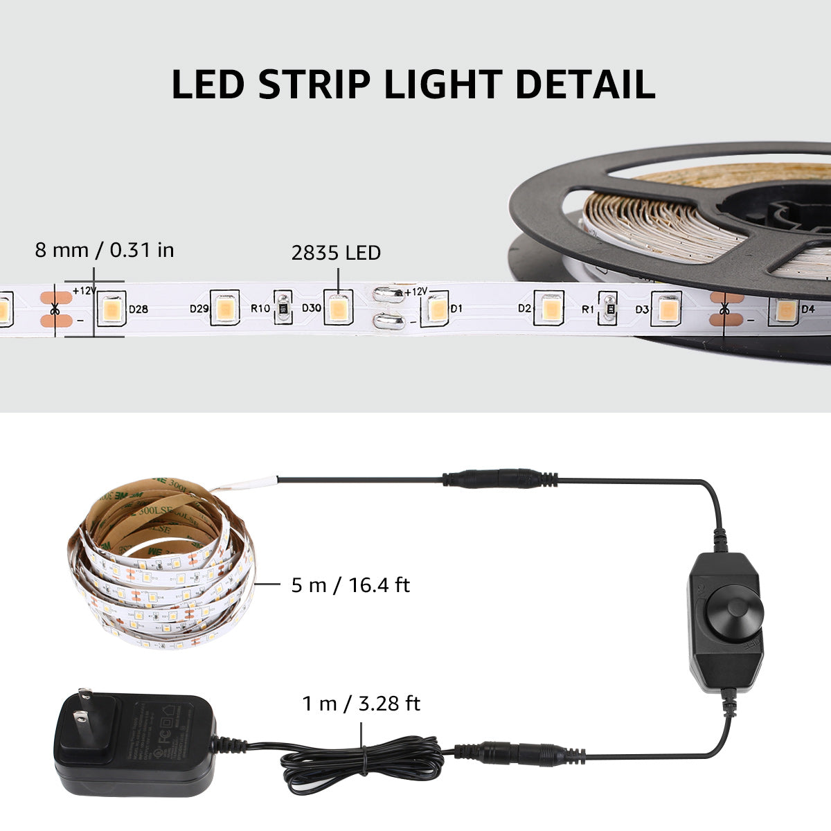 LEPRO LED strip lights, 16.4ft warm white 3000K, 12V dimmable flexible tape light with 300 SMD units for home and car decor
