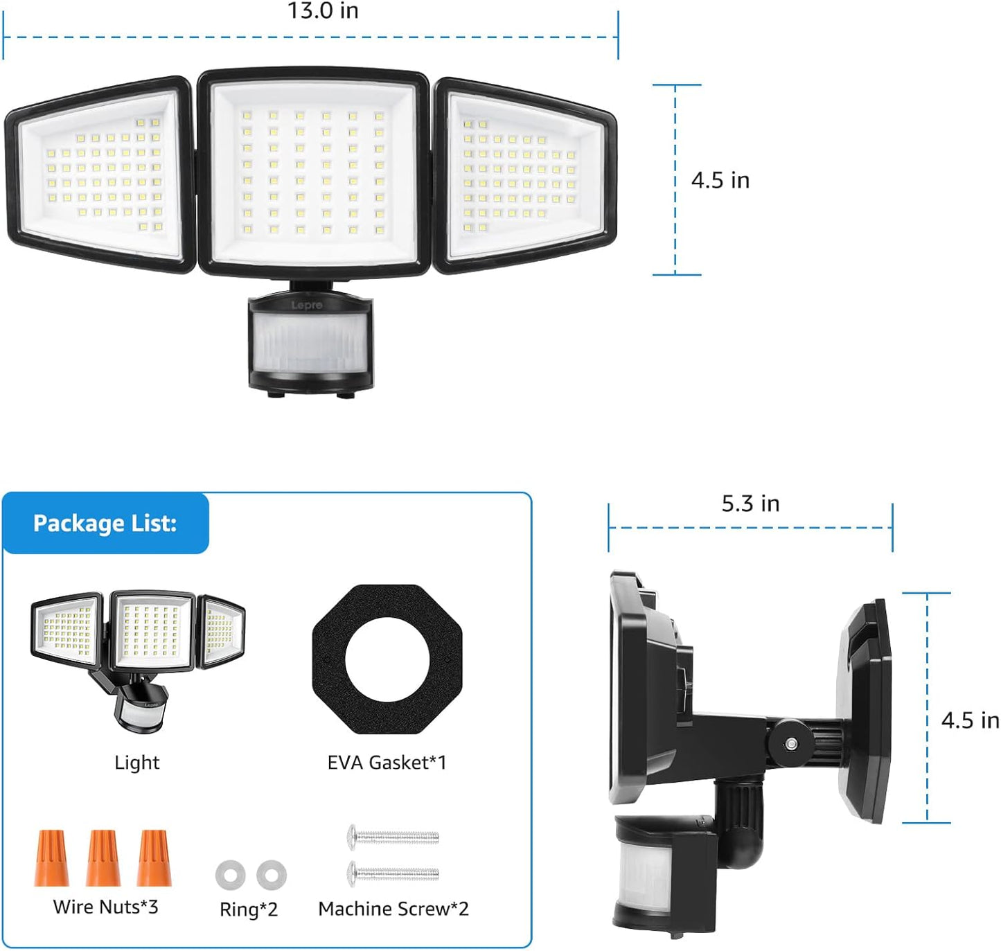 Lepro outdoor motion sensor flood light in black with 27W LED, waterproof IP65, providing bright security lighting at night