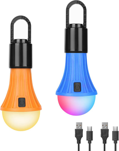 Lepro RGB Camping Light Bulbs, 7 Light Modes Rechargeable LED Camping Lanterns, Waterproof Hanging Tent Lights with Clip Hook for Camping, Fishing, Emergency, Decorations, USB Cable Included, 2 Packs