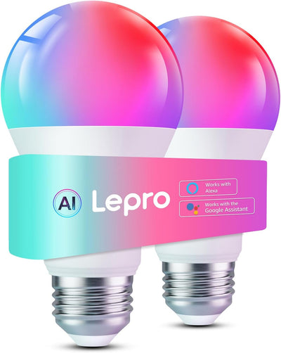 Lepro B2 AI Smart Light Bulbs, 1100LM WiFi & Bluetooth RGBWW Color Changing Light Bulb, Works with Alexa & Google Assistant, AI Voice Control, Music Sync, Via Lepro App, A19 75W Smart Bulbs, 2 Pack