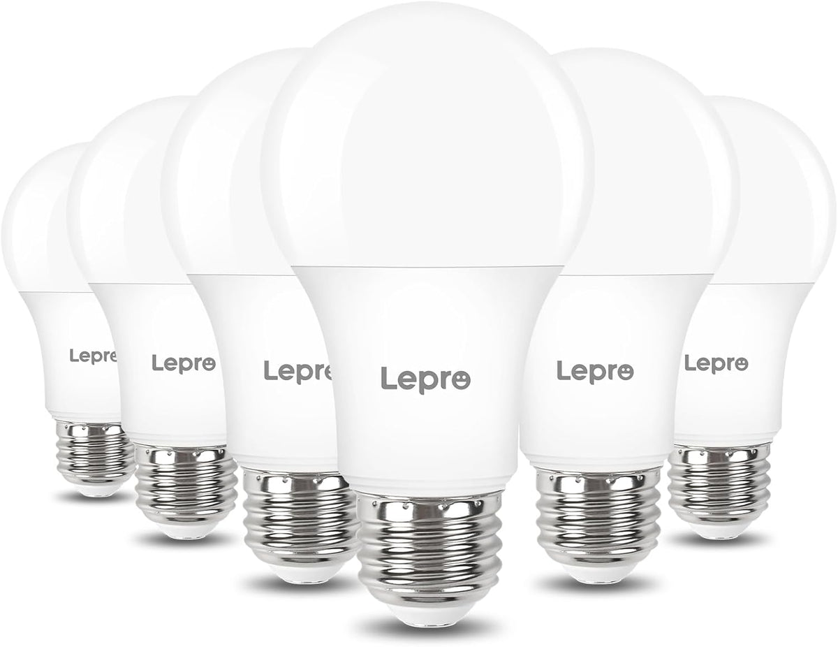 Lepro 60W equivalent LED light bulbs in warm white, 9.5W, A19 E26 base, 6-pack, energy-efficient and long-lasting.