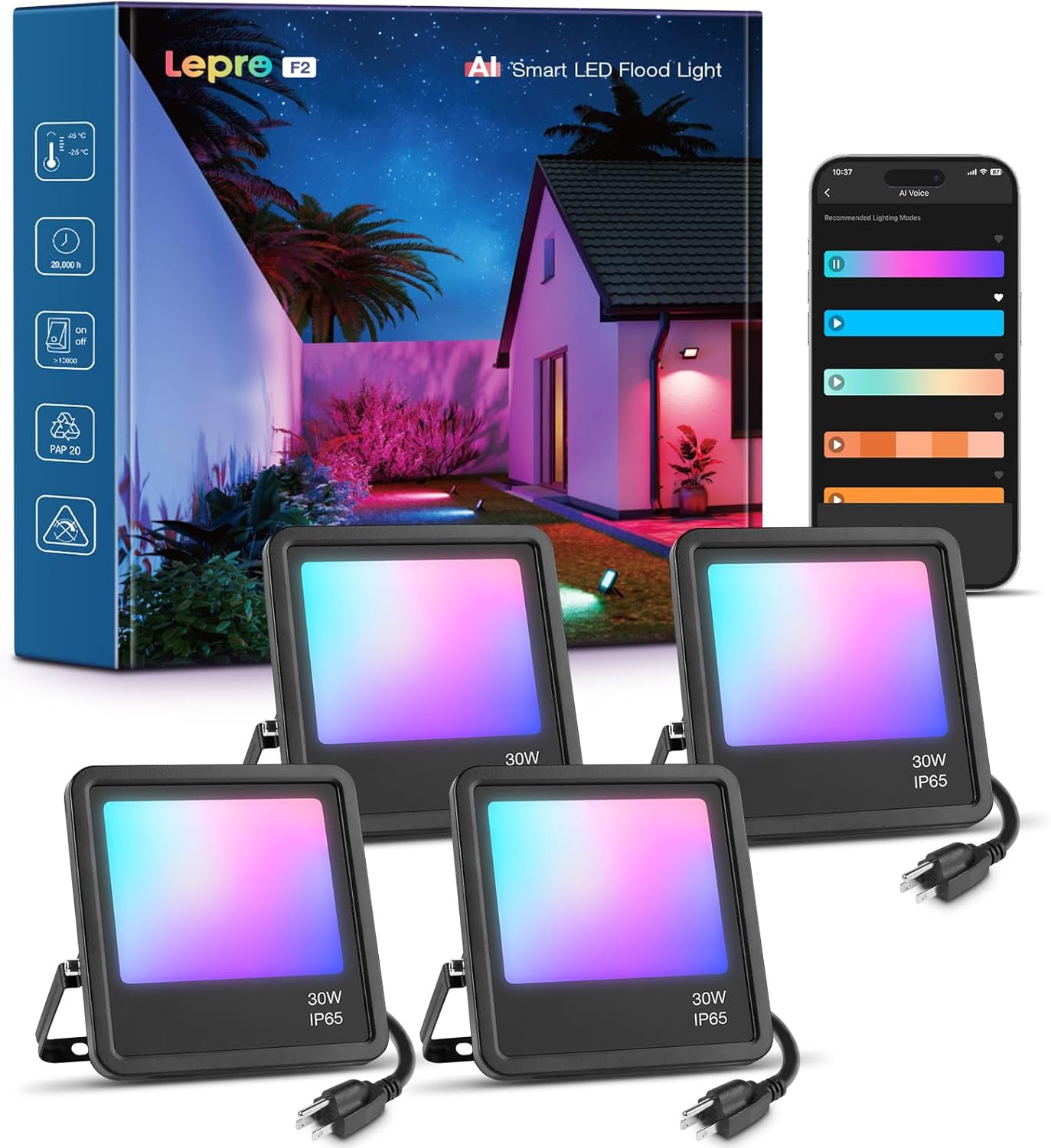 Lepro F2 AI Smart LED flood light 30W outdoor color changing landscape light with RGBW, app control, music sync, waterproof IP65.