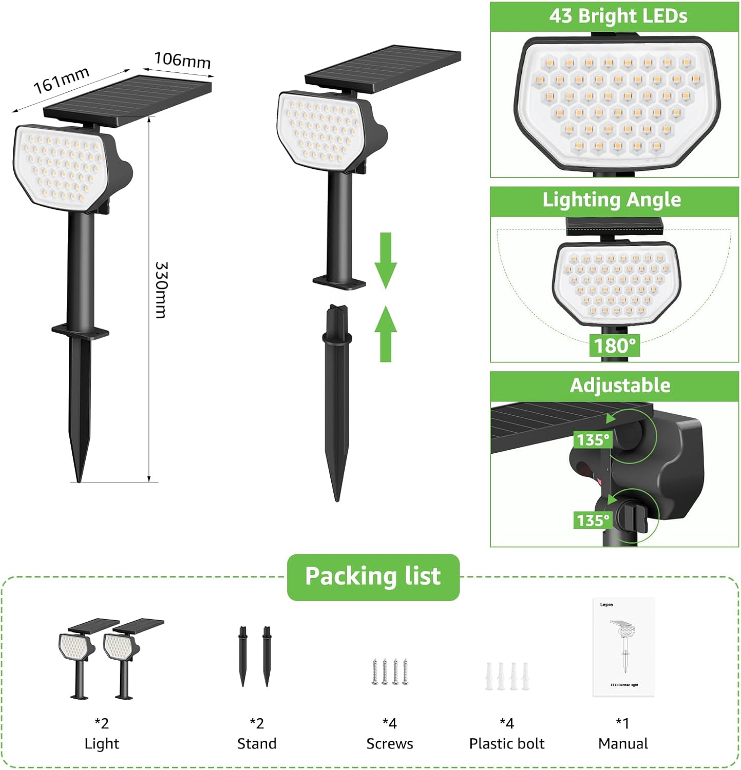 Lepro Solar Spotlights Outdoor 2-Pack, 43 LEDs Outdoor Solar Lights 3000K Warm White, IP65 Waterproof, Dusk-to-Dawn, Auto On/Off Solar Garden Lights, for Outside Yard Porch Pathway Driveway