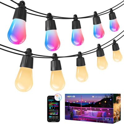 Lepro ZB1 Upgraded Version AI Smart Outdoor String Lights, 100ft RGB+IC Warm White Patio Lights, 30 Dimmable S14 LED Bulbs Outdoor Lights, Works with Alexa/Google, APP Control, 2.4GHz WiFi+Bluetooth, No Remote