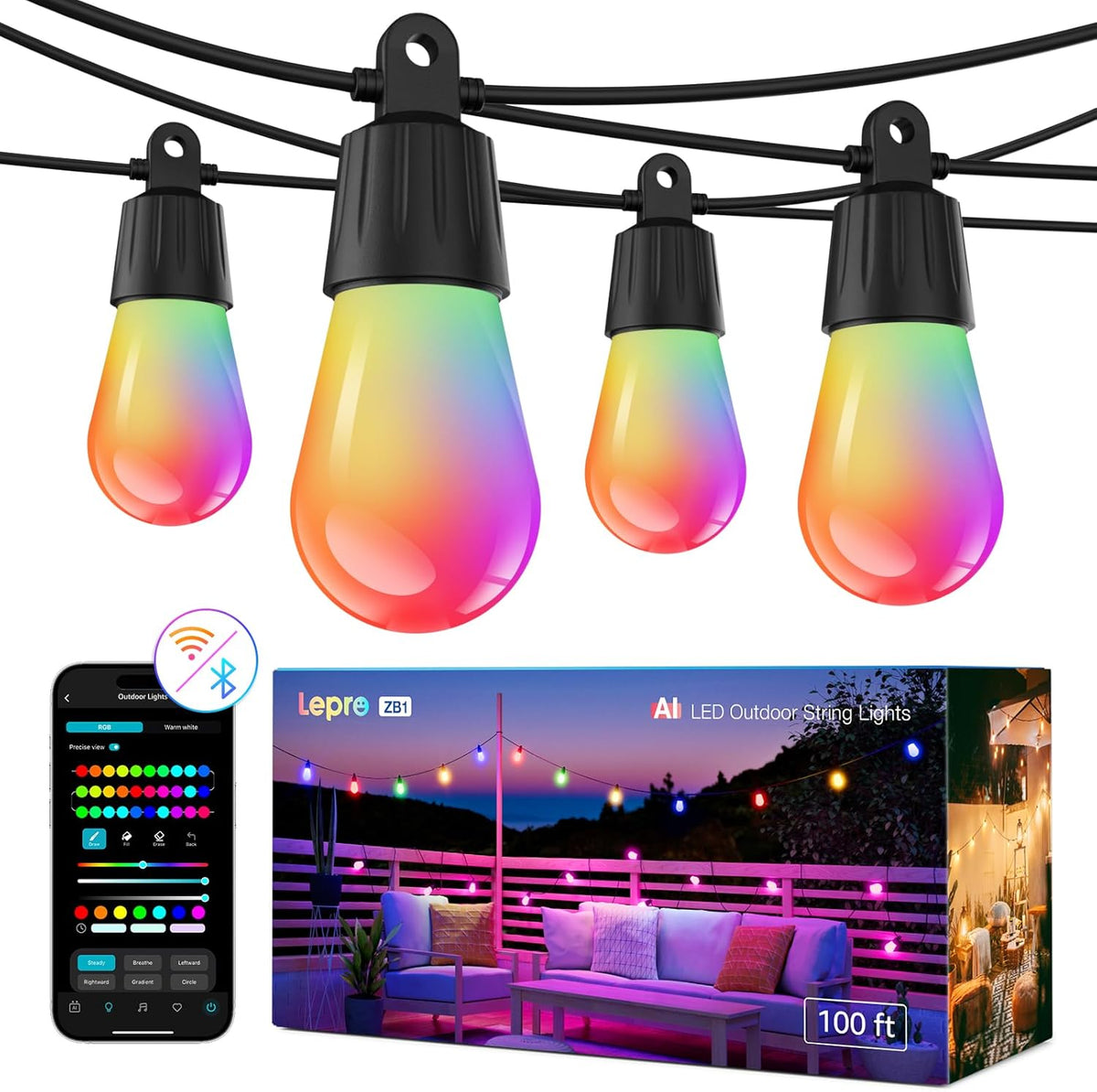 Lepro ZB1 AI smart string lights with 30 RGB+IC warm white LED bulbs, outdoor patio lights with WiFi, Bluetooth, and voice control.