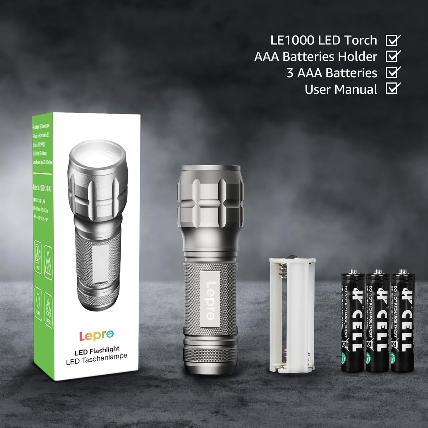 Lighting EVER LED Flashlights High Lumens, Small Flashlight, Zoomable, Waterproof, Adjustable Brightness Flash Light for Outdoor, Emergency, Camping, AAA Batteries Included, Grey, 2 Pack