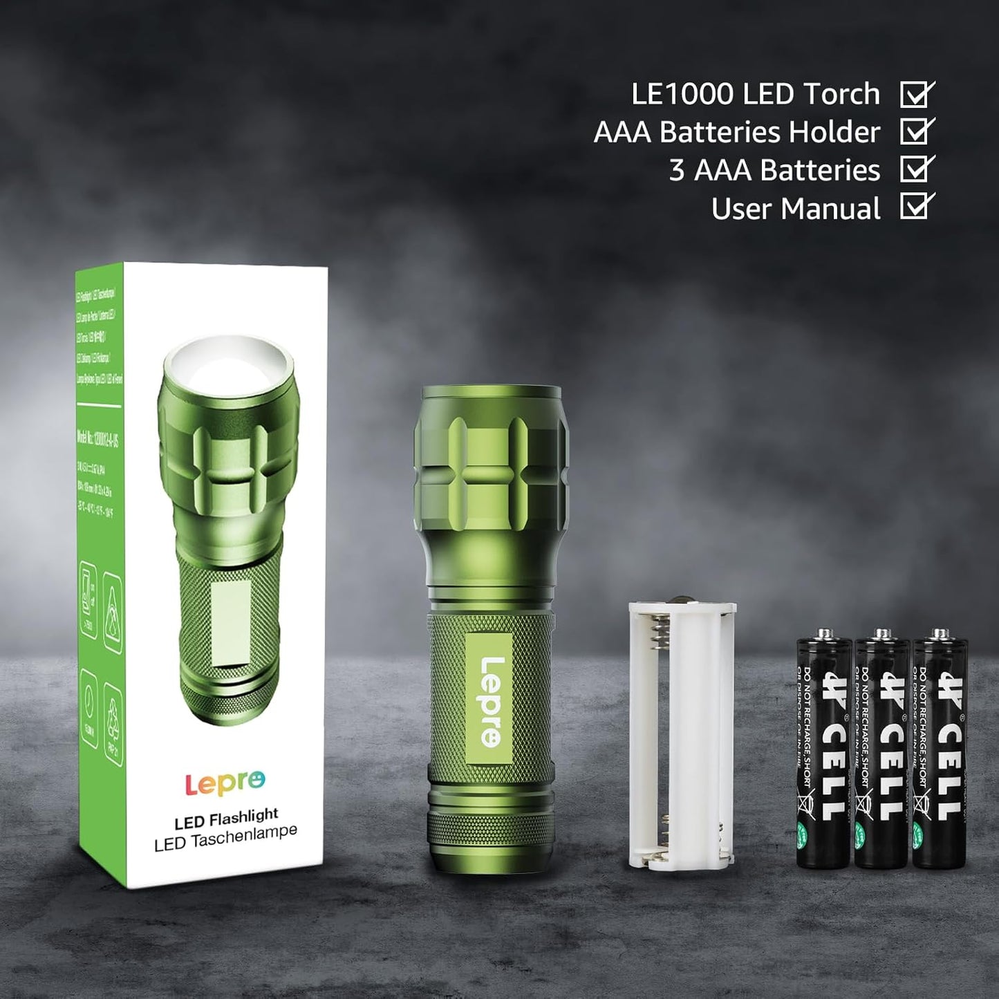 Lighting EVER LED Flashlights High Lumens, Small Flashlight, Zoomable, Waterproof, Adjustable Brightness Flash Light for Outdoor, Emergency, Camping, AAA Batteries Included, Green