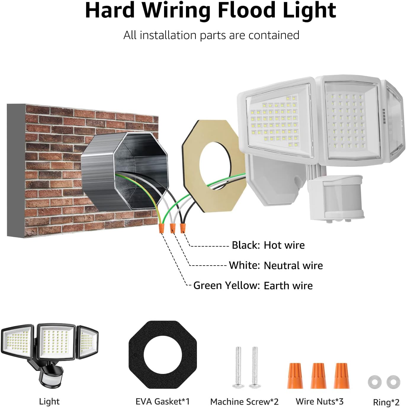 Lepro LED security flood lights with three adjustable heads, bright 3200 lumens, waterproof IP65 for yard, porch, or garage lighting