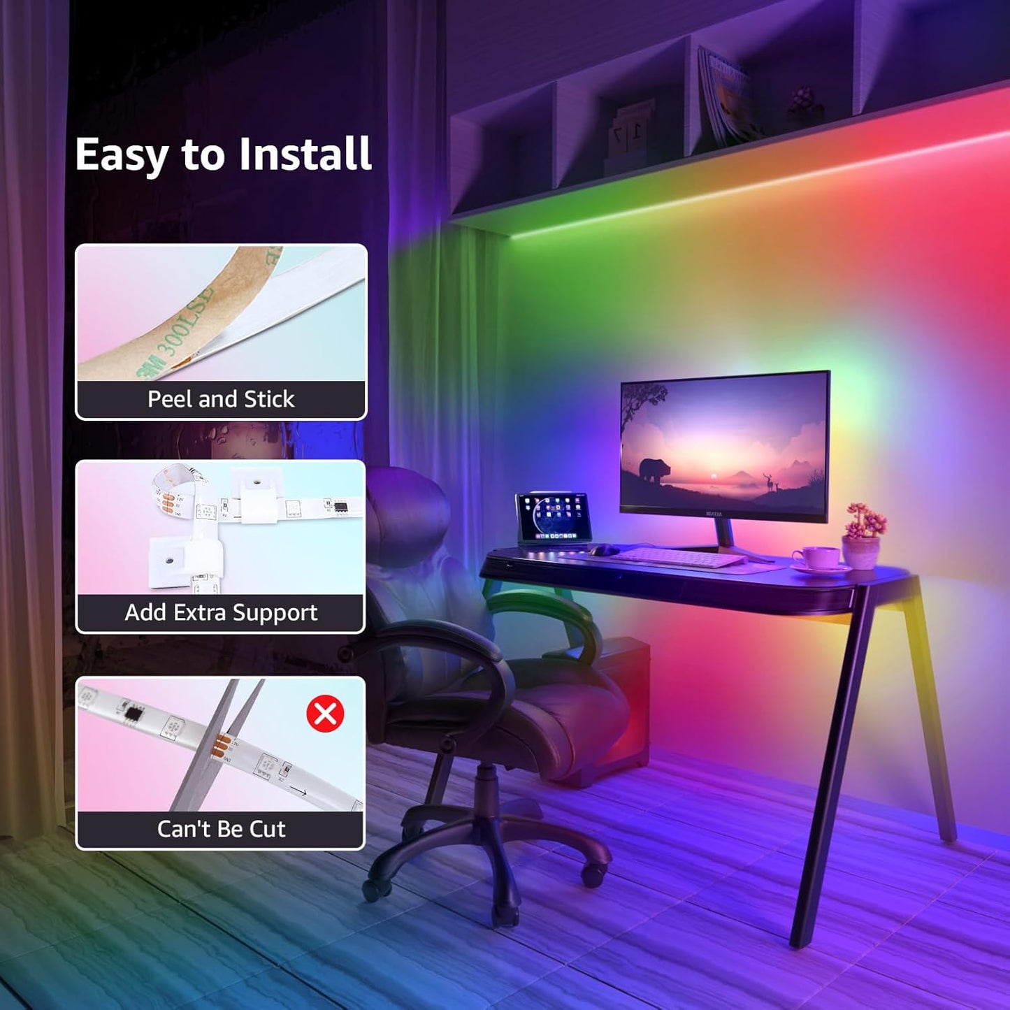 65.6ft MagicColor LED Strip Lights, Ultra-Long Strip Lights Sync to Music, Color Changing Light for Party, Bar, Bedroom, Kitchen,Gaming Room and Home Decoration, 32.8ft*2