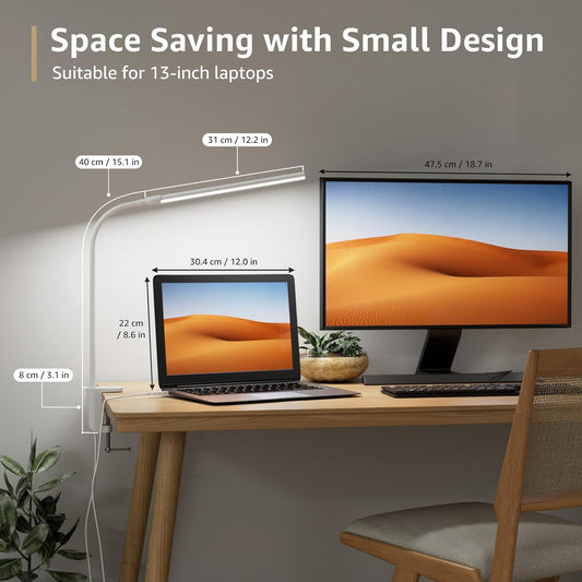 Lepro desk lamp with clamp, white USB LED reading light, flexible gooseneck, 3 color modes, dimmable, eye-care for home or office.