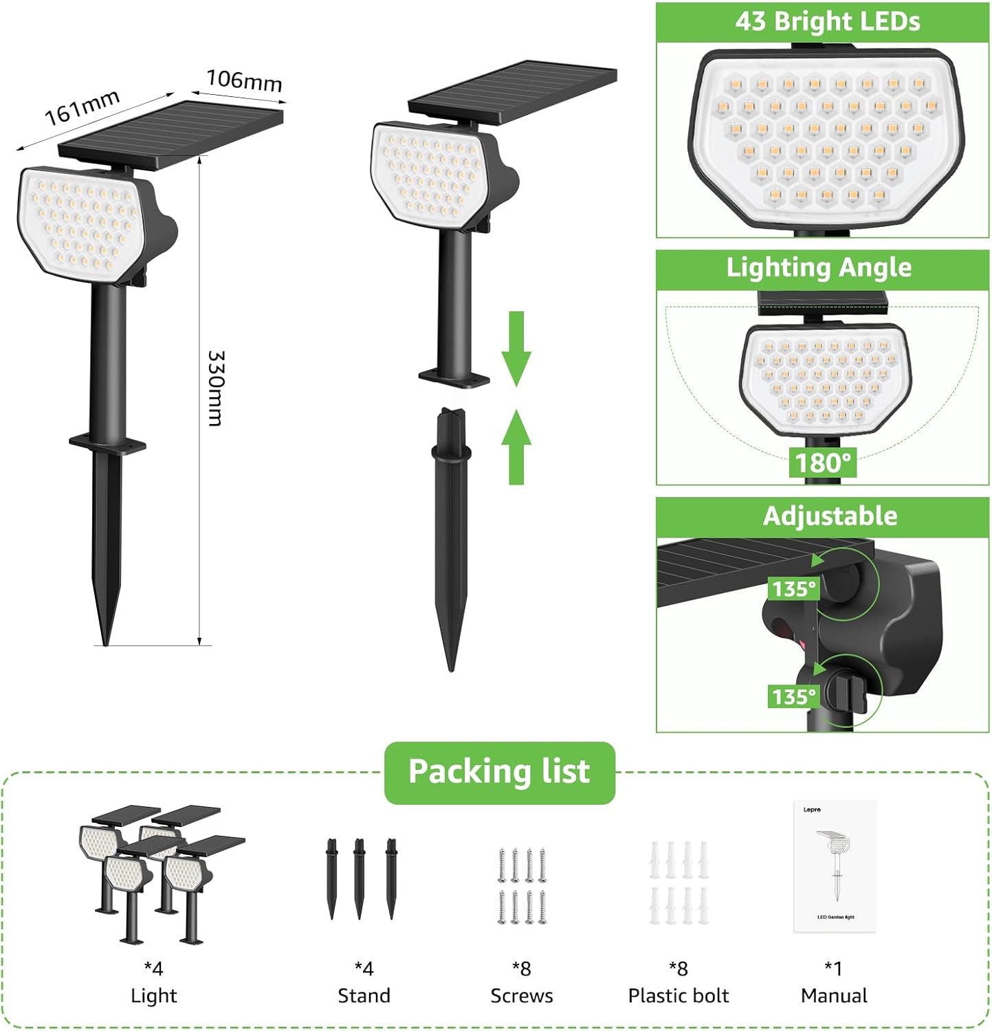 Lepro Solar Spotlights Outdoor 4-Pack, 43 LEDs Outdoor Solar Lights 3000K Warm White, IP65 Waterproof, Dusk-to-Dawn, Auto On/Off Solar Garden Lights, for Outside Yard Porch Pathway Driveway