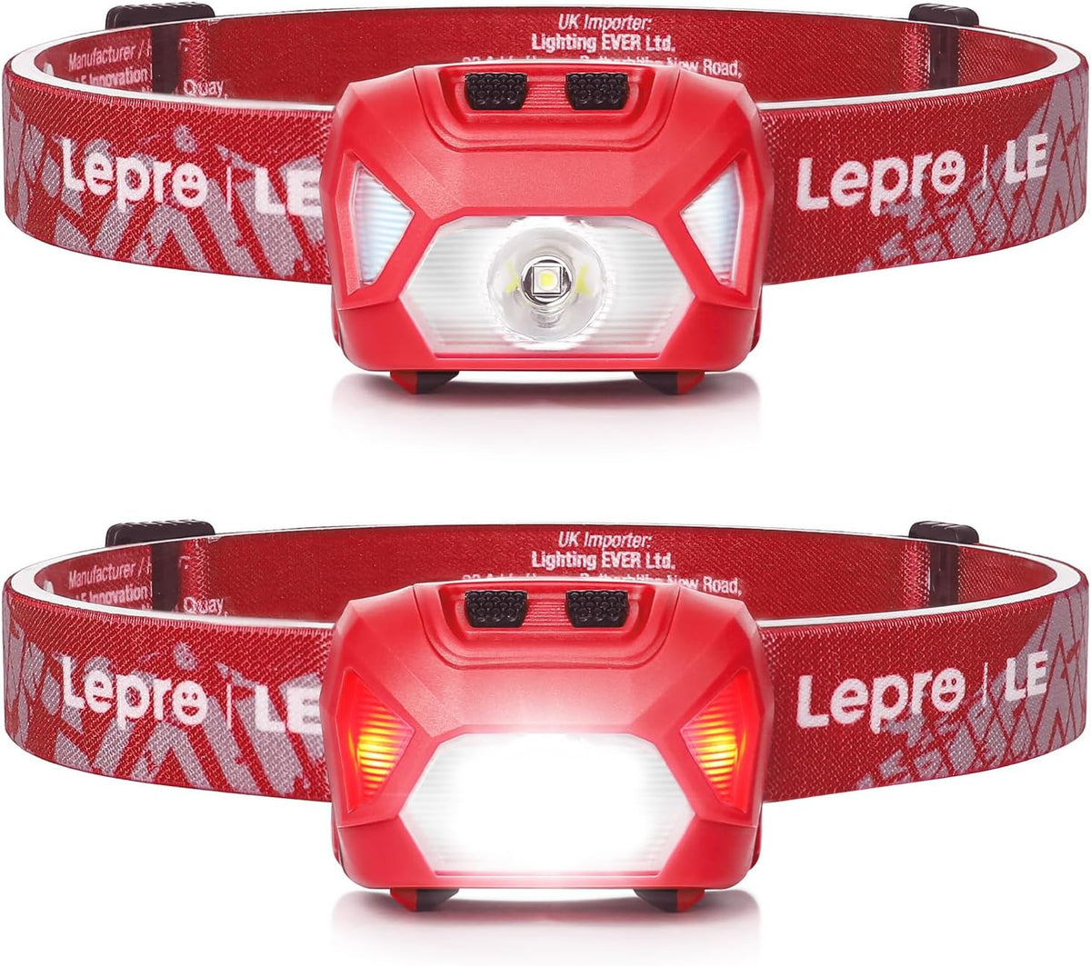 Lepro 2-pack LED headlamps with white and red light, waterproof, lightweight, 1300 Lux brightness, ideal for camping, running, cycling