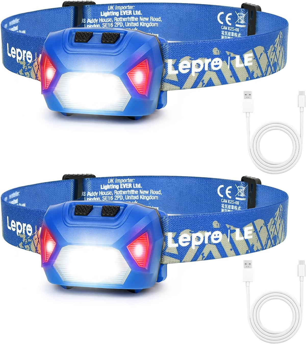 Lepro rechargeable LED headlamp 2-pack with red and white lights, waterproof, lightweight, 6 modes, suitable for outdoor camping and running