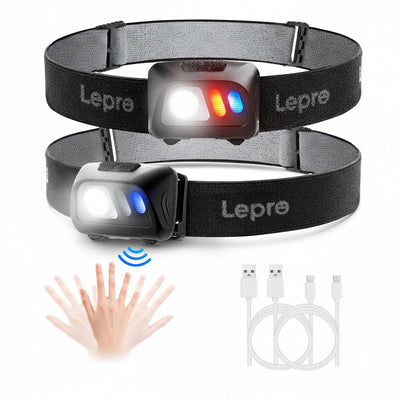 Lepro LED Rechargeable Headlamp with Motion Sensor 2-Pack, Super Bright 1500Lux Head Lamp with 5 Lighting Modes, IPX4 Waterproof Headlamp for Outdoor Camping Hiking Running Backpacking