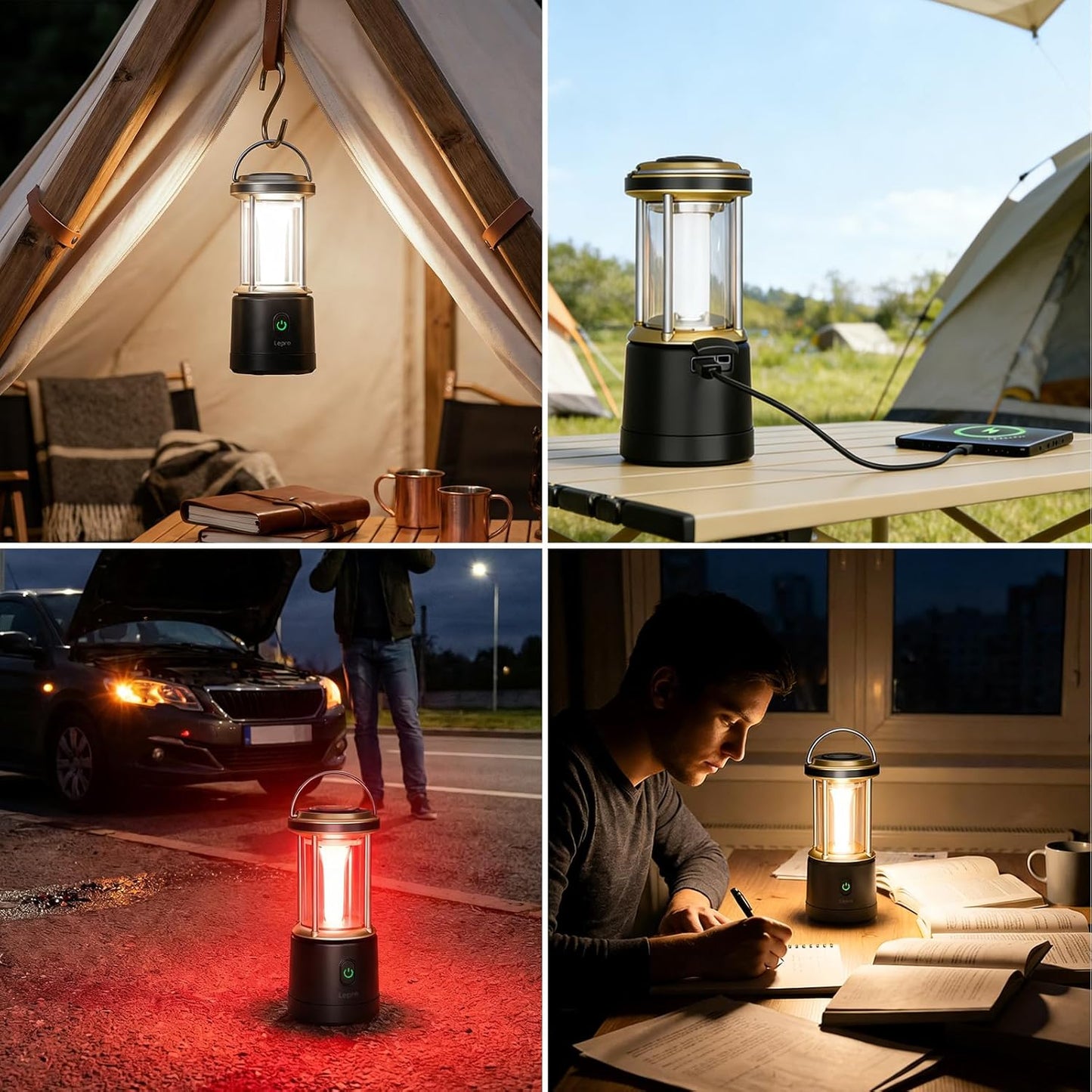 Lepro 1800LM USB Rechargeable LED Camping Lantern, Waterproof Tent Light with 4 Light Modes, Camping Essentials, Portable Lantern Flashlight for Camping, Emergency Light, Type-C Cable Included, Black