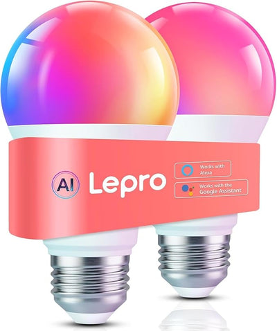 Lepro B1 AI Smart Bulbs, Colour Changing Light Bulb, Work with Alexa and Google Assistant, WiFi & Bluetooth LED Light Bulbs, RGBWW Dimmable, Music Sync, Via Lepro App, LLM, A19 E26 800 Lumen, 2 Packs