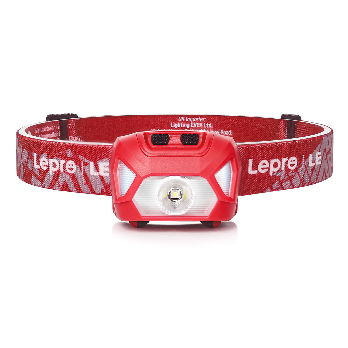 Lepro 2-pack outdoor LED headlamps with 1300 Lux brightness, white and red lights, waterproof, lightweight for camping and running.