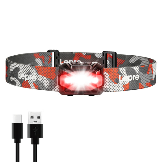 Lepro dual power LED headlamp with camouflage design, showing rechargeable headlight with red light and water-resistant outdoor lighting.