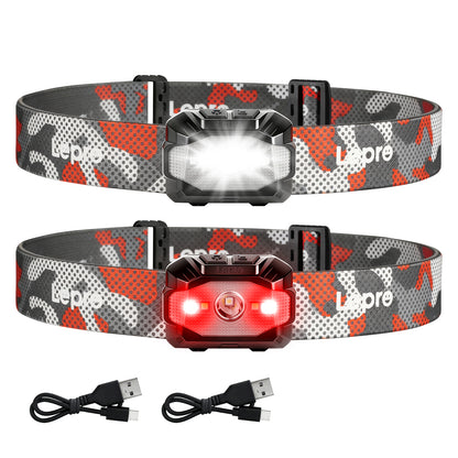 Lepro Dual Power Headlamp, Rechargeable LED Headlight with Type-C & AAA Backup, 10 Modes with Red Light, IPX4 Water Resistant Camouflage Head Torch for Camping Running Hiking Emergency