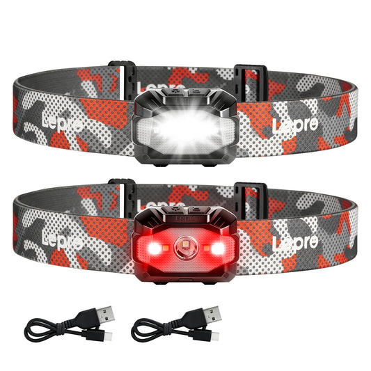 Lepro Dual Power LED headlamp with camouflage design, rechargeable, 10 modes, red light, water-resistant for camping and hiking.