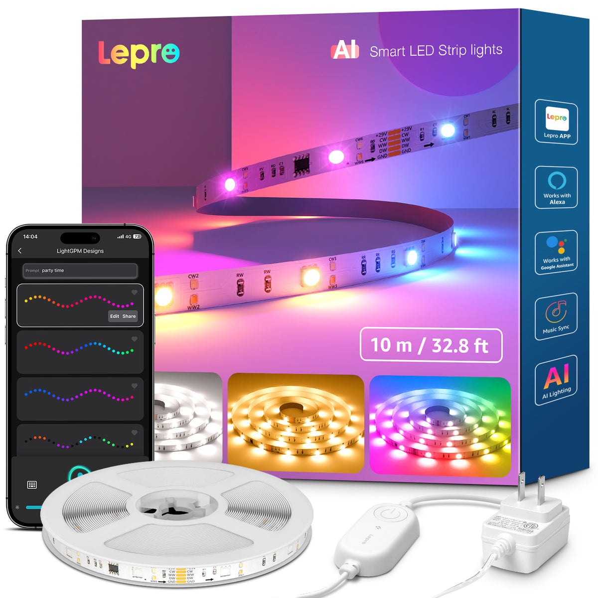 Lepro S2 RGBICWW LED light strip with WiFi control, warm and cool white, ideal for bedroom, living room, and TV backlighting