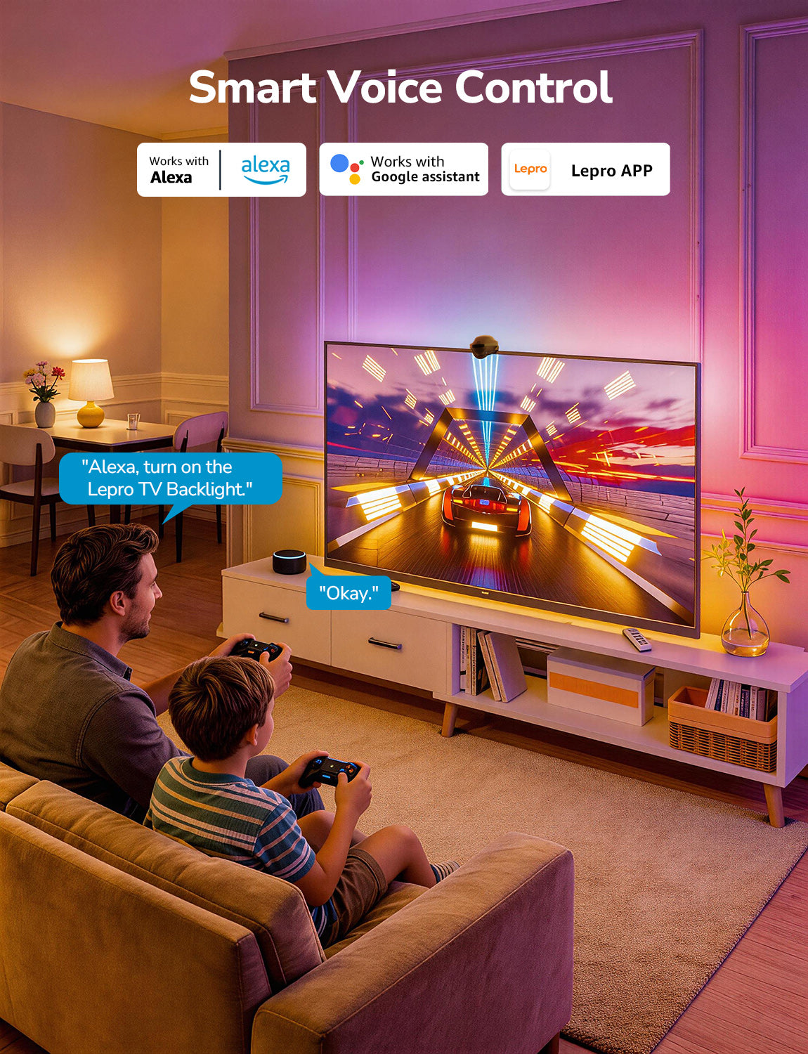 Lepro CA STV1 AI Smart TV backlight strip with WiFi, LED lights, fish-eye correction, voice and app control, indoor TV lighting