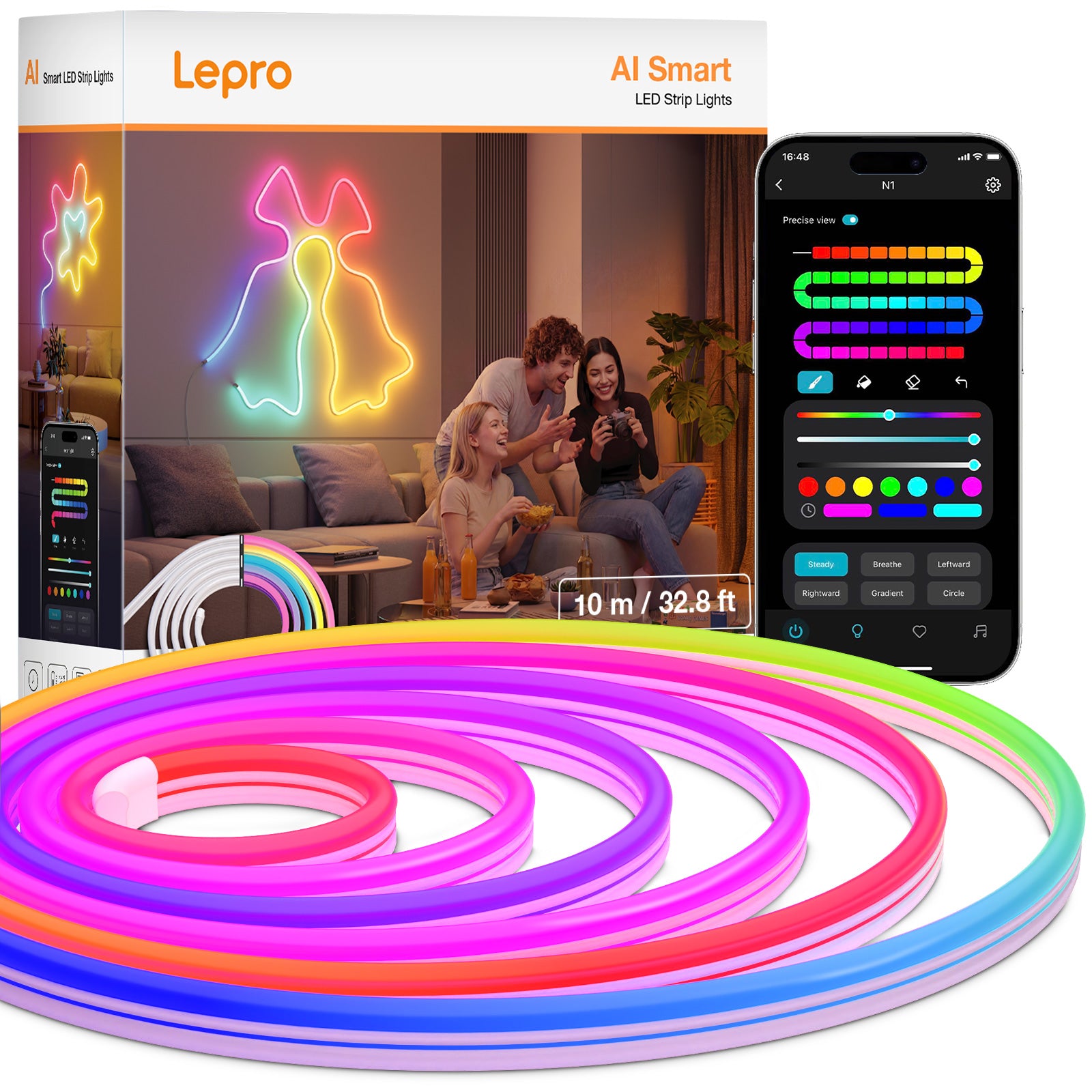 Lepro AI LED Neon Lights N1 RGBIC waterproof outdoor LED strip with music sync, suitable for bedroom and indoor use.