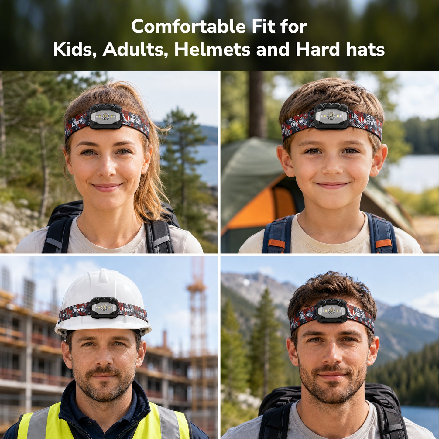 Lepro Dual Power LED Headlamp, Rechargeable 1100mAh Battery with Type-C & AAA Battery(not Included), Hands-Free Motion Sensor, 5W 450lm, 10 Modes, IPX4 Water Resistant Head Light