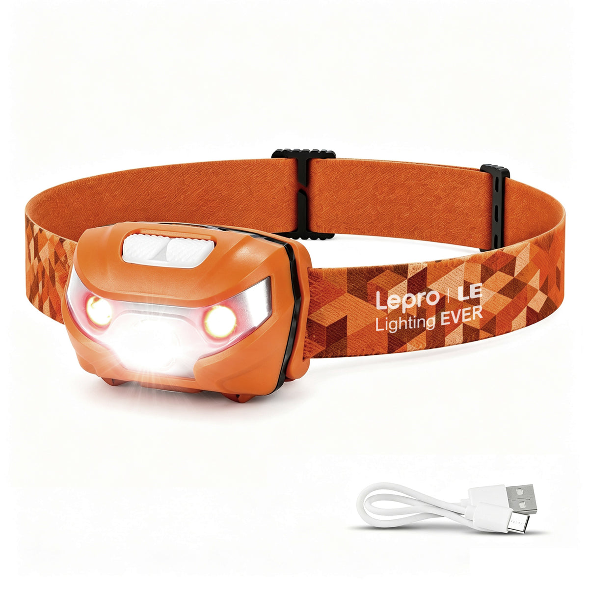 Lepro rechargeable LED headlamp with adjustable headband, multiple light modes, and USB cable for outdoor camping, hunting, and climbing.