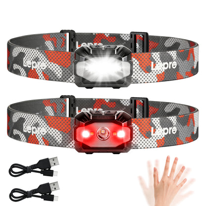 Lepro Dual Power LED Headlamp, Rechargeable 1100mAh Battery with Type-C & AAA Battery(not Included), Hands-Free Motion Sensor, 5W 450lm, 10 Modes, IPX4 Water Resistant Head Light