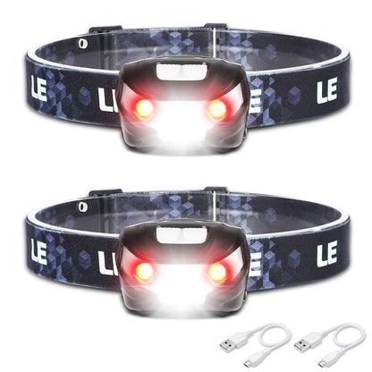 Lepro rechargeable LED headlamp with adjustable strap, multiple light modes, and USB cable for outdoor camping, hunting, and running.