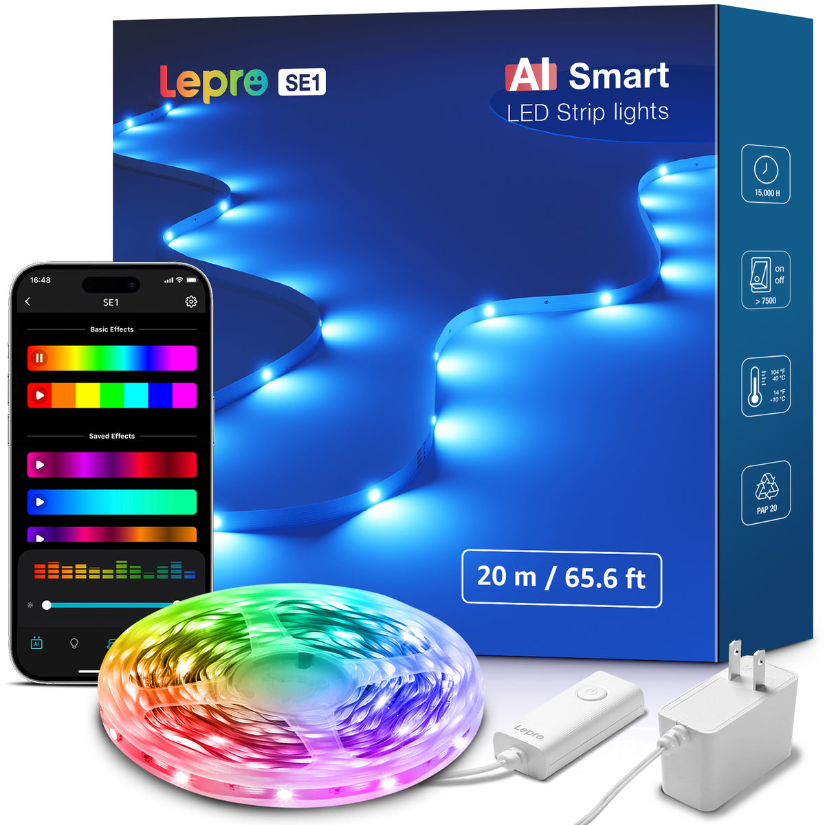 Lepro SE1 AI LED strip lights, 20m WiFi RGB smart lights with music sync, DIY segments, suitable for bedrooms and kitchens.