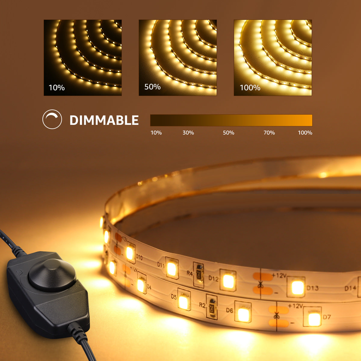 Lepro LE LED strip lights, 16.4ft warm white 3000K flexible tape light with 300 SMD 2835 LEDs, shown illuminating a home interior.