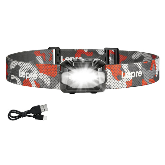 Lepro Dual Power LED Headlamp, Rechargeable 1100mAh Battery with Type-C & AAA Battery(not Included), Hands-Free Motion Sensor, 5W 450lm, 10 Modes, IPX4 Water Resistant Head Light