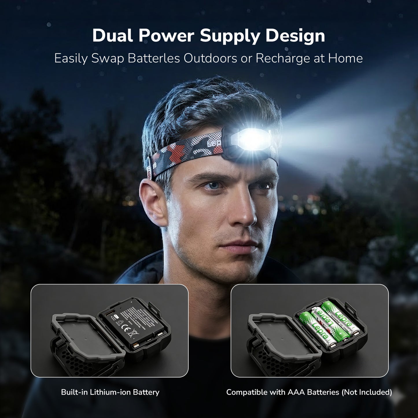 Lepro Dual Power Headlamp, Rechargeable LED Headlight with Type-C & AAA Backup, 10 Modes with Red Light, IPX4 Water Resistant Camouflage Head Torch for Camping Running Hiking Emergency