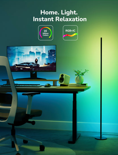 Lepro OE1 AI floor lamp with color-changing LED, modern design, music sync, and smart home compatibility in a living room setting.