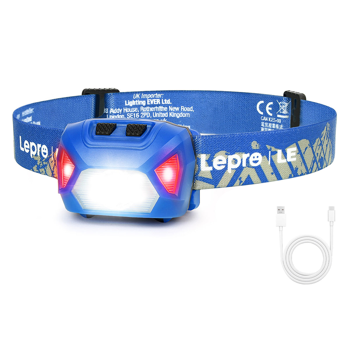 Lepro rechargeable LED headlamp 2-pack with red and white lights, waterproof, lightweight, adjustable for outdoor camping and running.