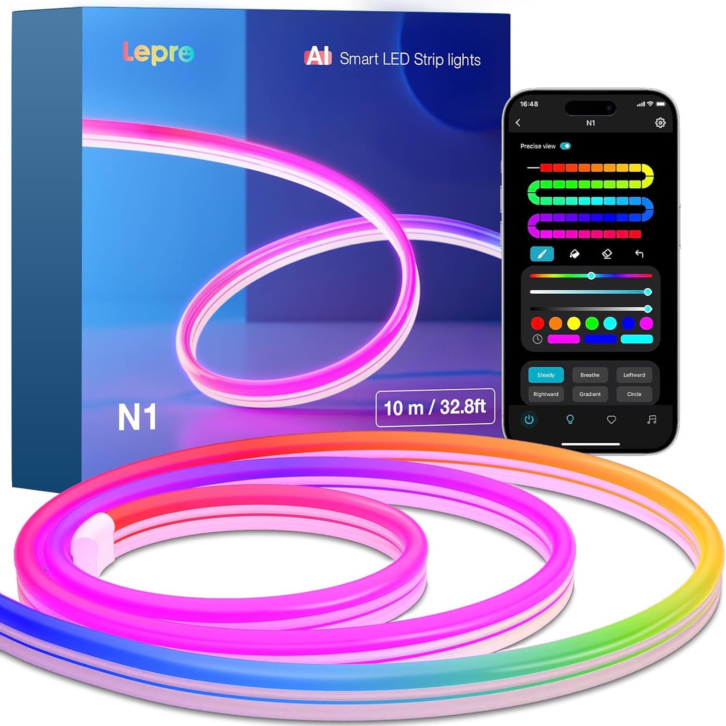 Lepro AI LED Neon Lights N1, RGBIC LED Lights, Work with Google/Alexa Neon Rope Light, IP65 Outdoor Led Strip Lights Waterproof, Music Sync LED Lights Strip for Bedroom, LED Rope Lights Indoor