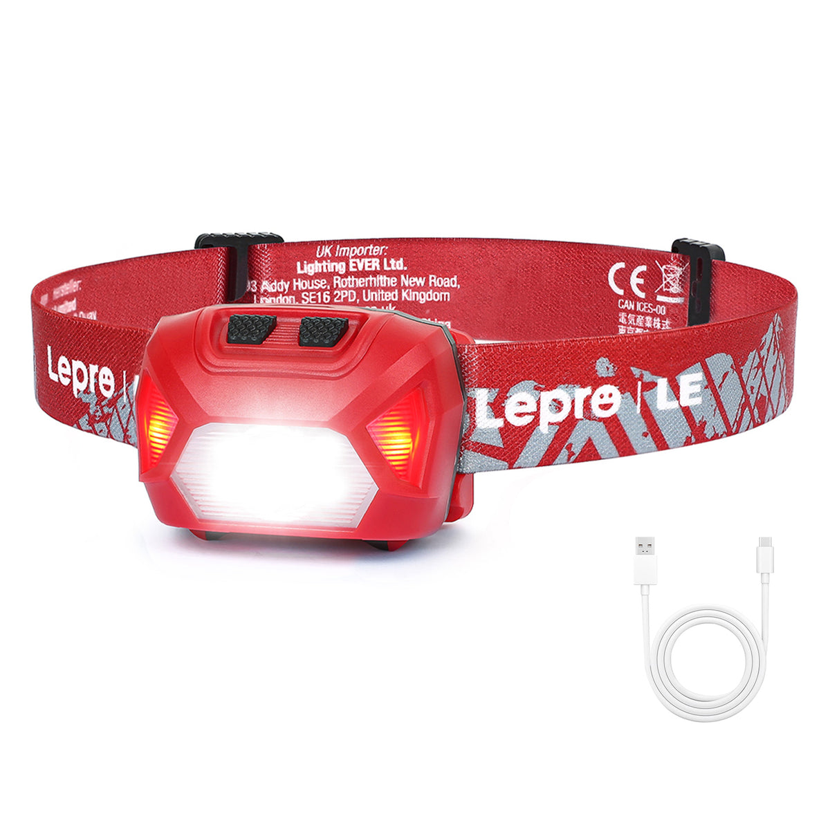 Lepro rechargeable LED headlamp 2-pack with red and white lights, waterproof, lightweight, 6 lighting modes, suitable for outdoor camping.