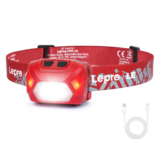 Lepro rechargeable LED headlamp 2-pack with red and white lights, waterproof, lightweight, 6 lighting modes, suitable for outdoor camping.