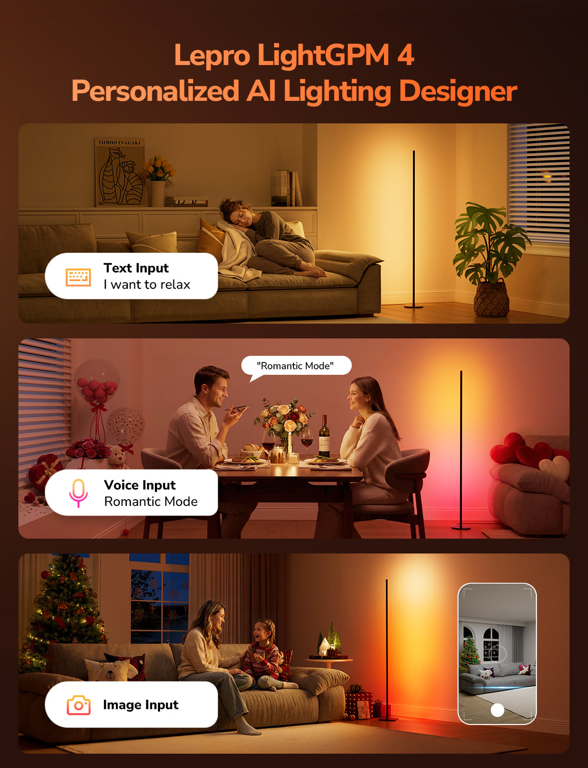 Lepro OE1 AI floor lamp with color-changing LED, modern design, standing height, and smart features for living room or bedroom.