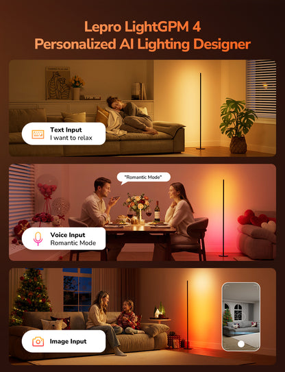 Lepro OE1 AI floor lamp with color-changing LED, modern design, standing height, and smart features for living room or bedroom.