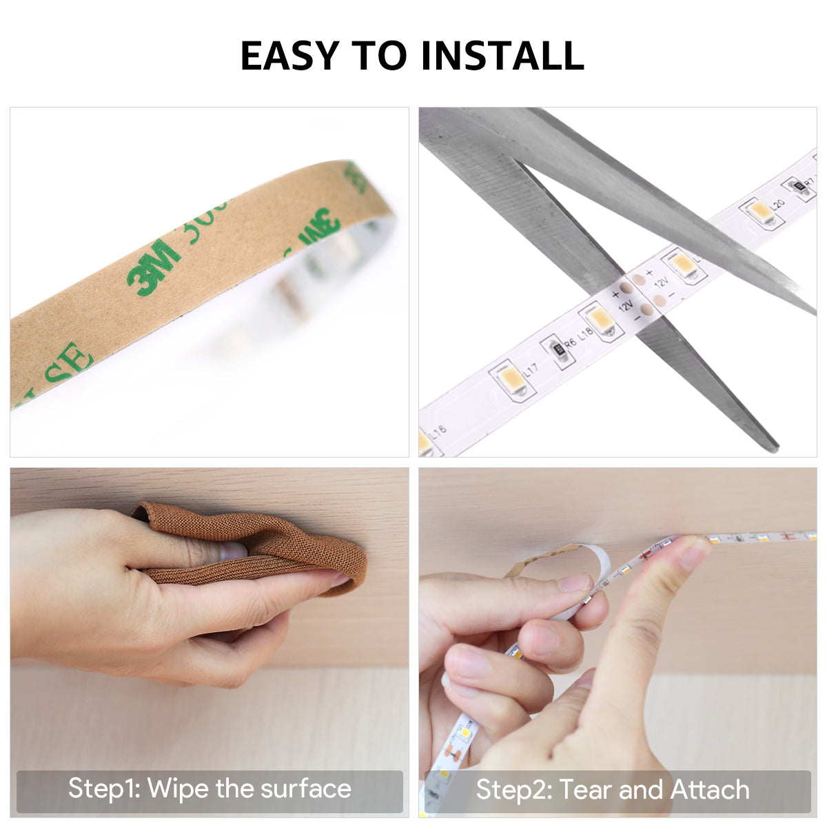 Lepro 16.4ft LED strip lights with warm white 3000K color, flexible, dimmable, non-waterproof tape lights for home, kitchen, or car.