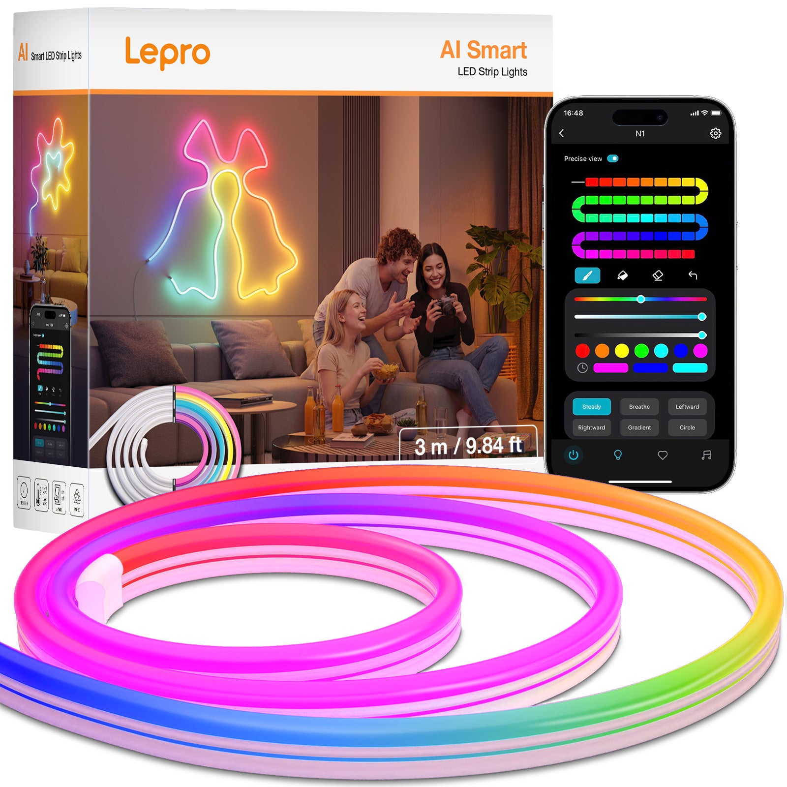 Lepro AI LED Neon Lights N1, RGBIC LED Lights, Work with Google/Alexa Neon Rope Light, IP65 Outdoor Led Strip Lights Waterproof, Music Sync LED Lights Strip for Bedroom, LED Rope Lights Indoor