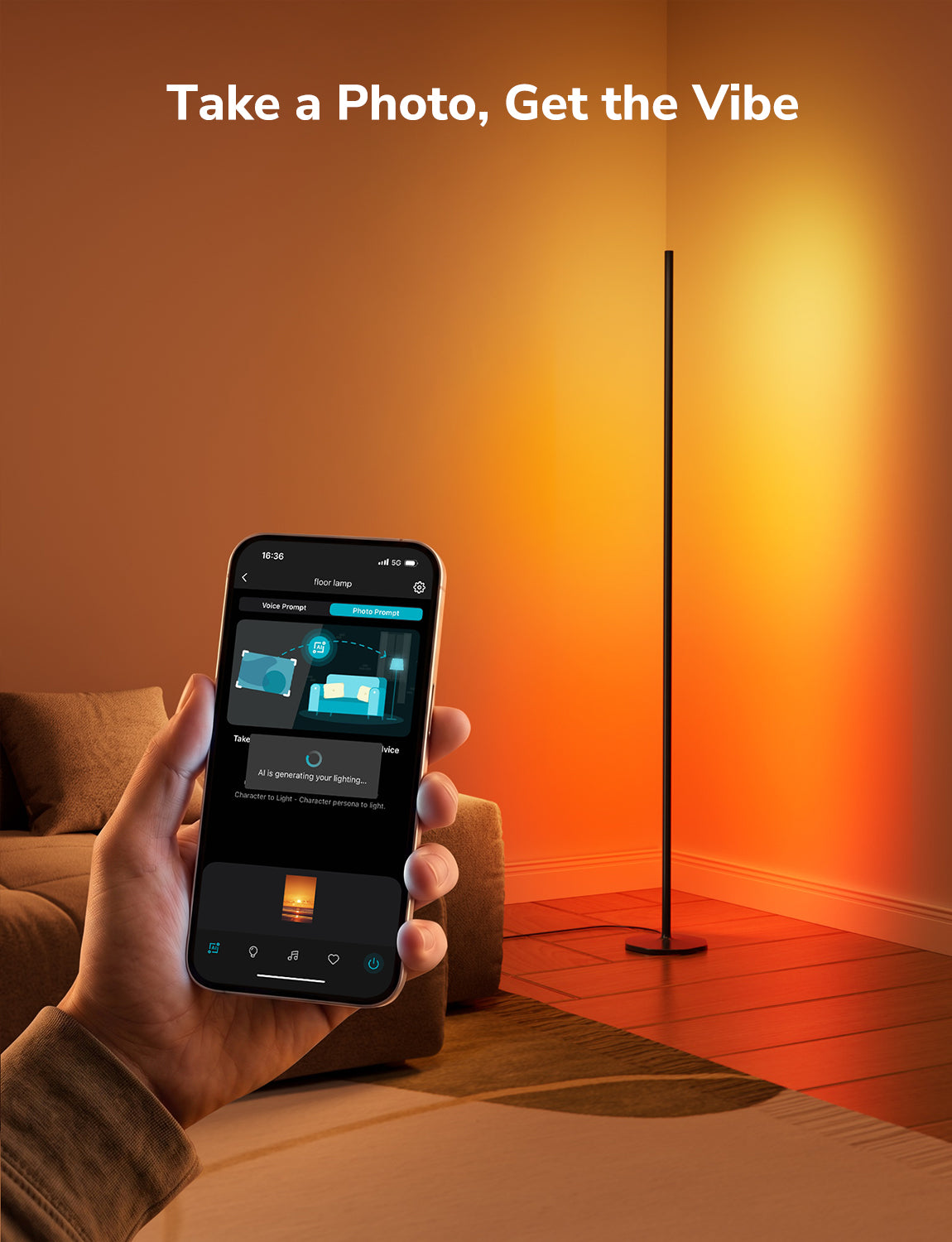 Lepro OE1 AI floor lamp with color-changing LED, smart control, and modern design for living rooms and bedrooms.
