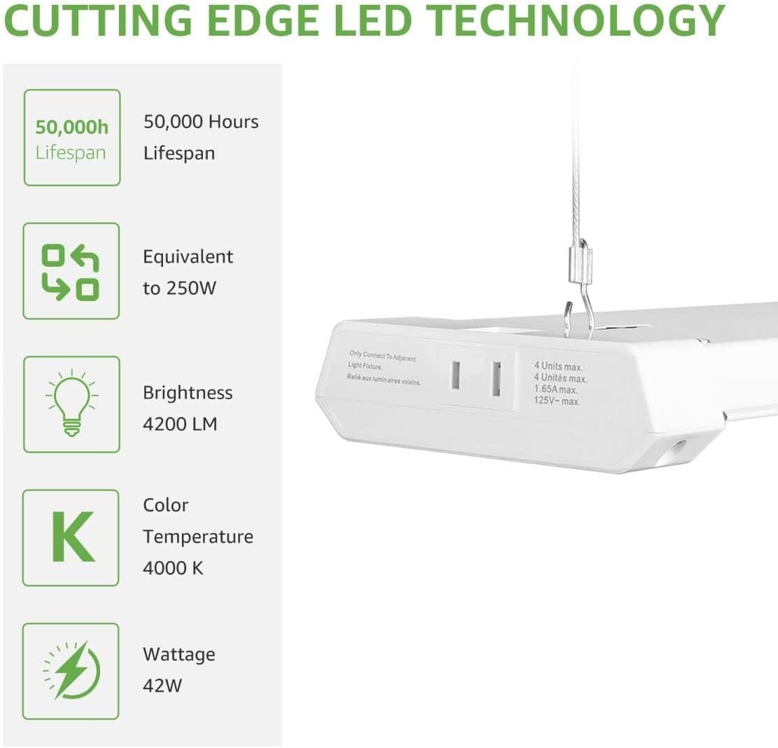 6 Pack Linkable 4200lm LED Shop Light, 4ft 42W Ceiling Lights, 5000K Daylight White For Garage, Basement, Workshop, Suspension Mount, With Pull Chain, Energy Star Rebates Available